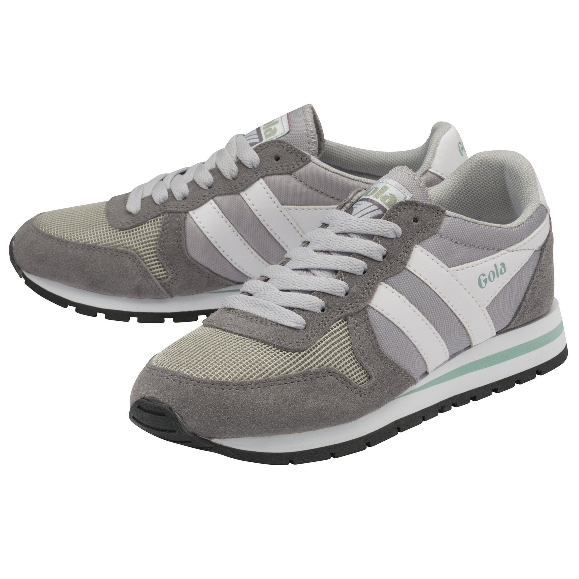 Pair of Gola men's trainers in grey, white, and mint green, angled to show sides.