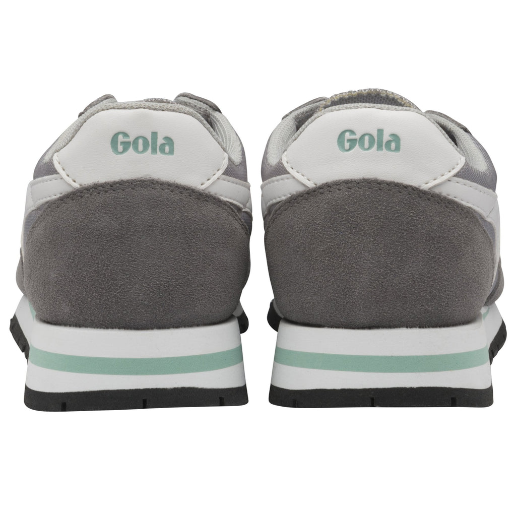 Rear view of two Gola men's trainers in grey with white and mint green details.