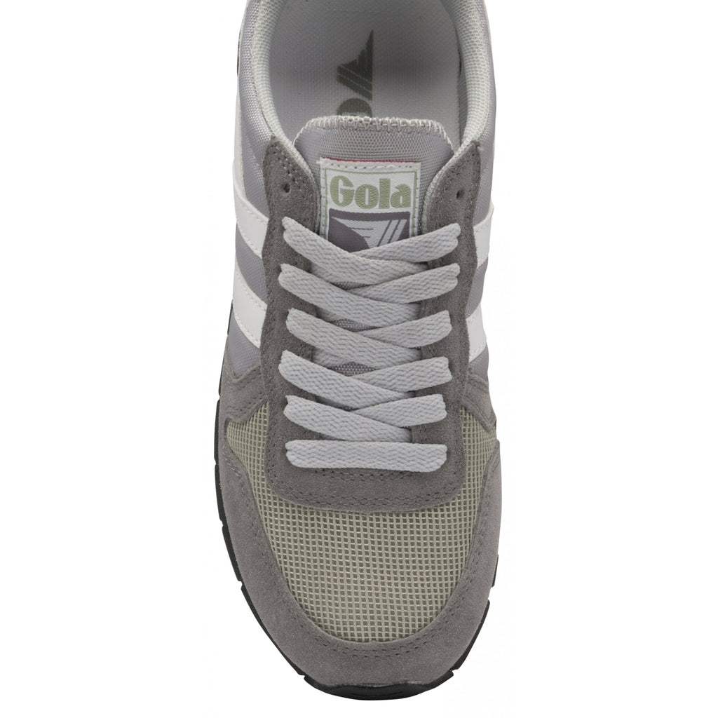 Top-down view of a Gola men's trainer, showcasing laces and logo on the tongue.