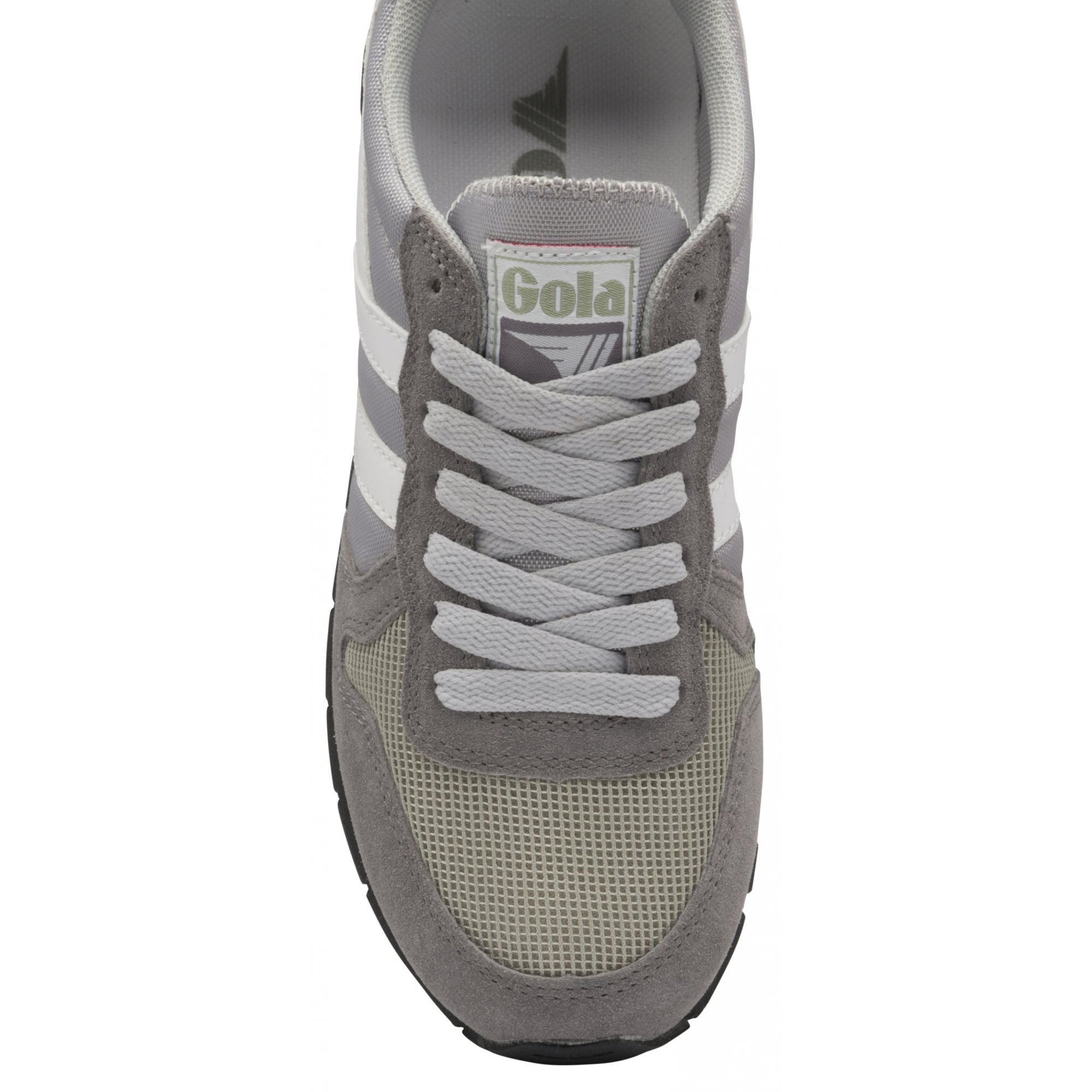 Top-down view of a Gola men's trainer, showcasing laces and logo on the tongue.