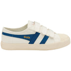 A single white sneaker with three Velcro straps and blue Gola stripes on the side.
