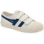 A single white Gola sneaker with three Velcro straps and blue stripes on the side.