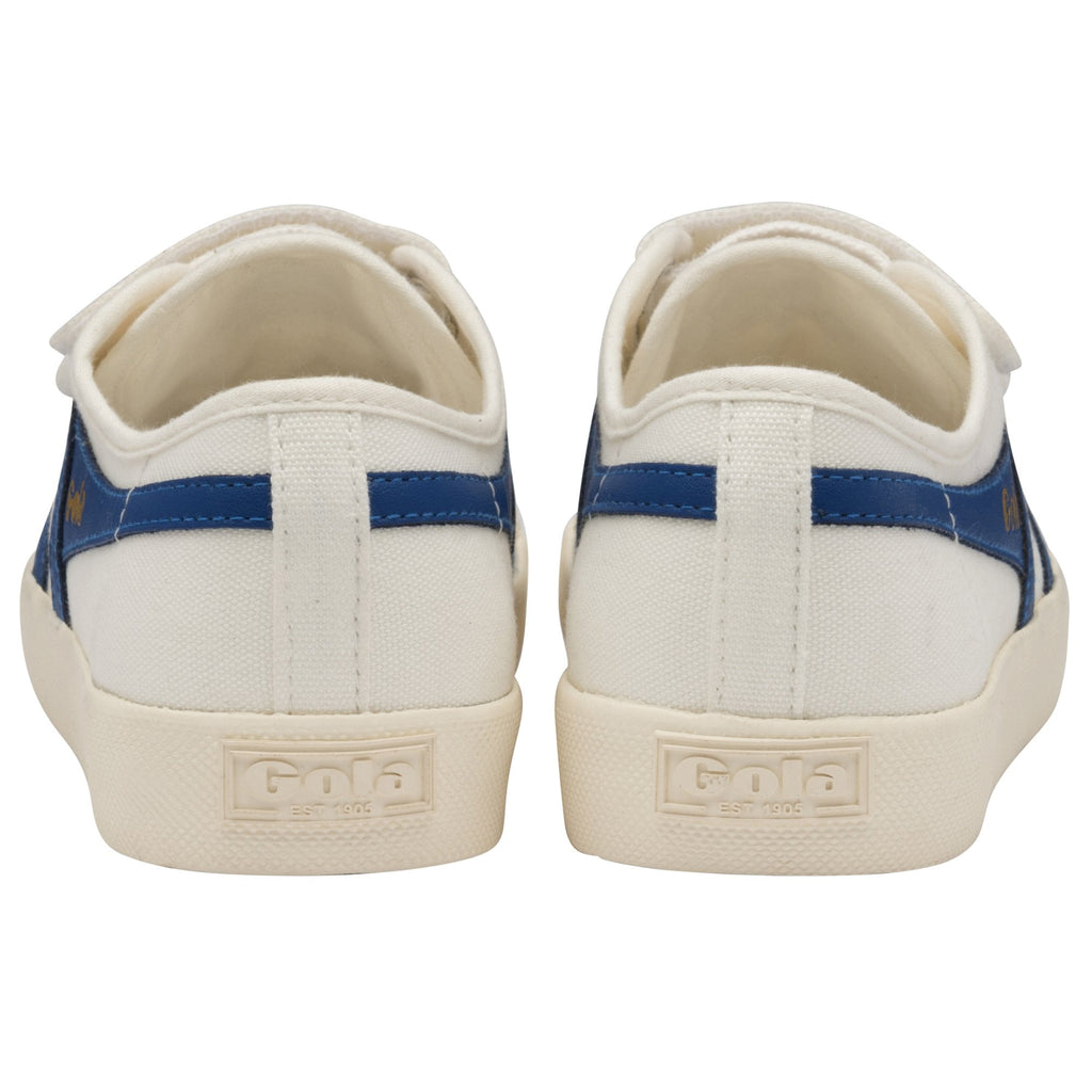 The back view of a pair of white Gola sneakers with blue stripes and brand name.