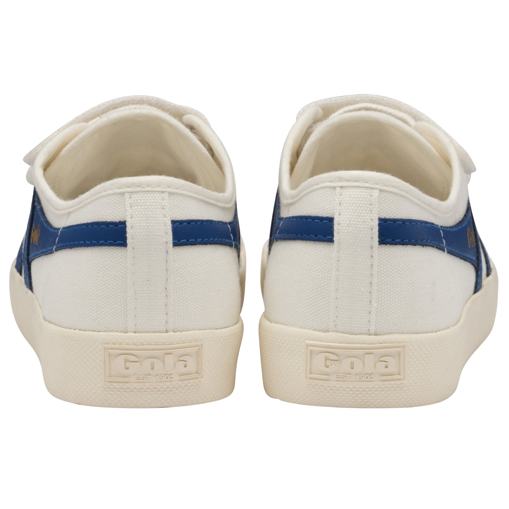 The back view of a pair of white Gola sneakers with blue stripes and brand name.