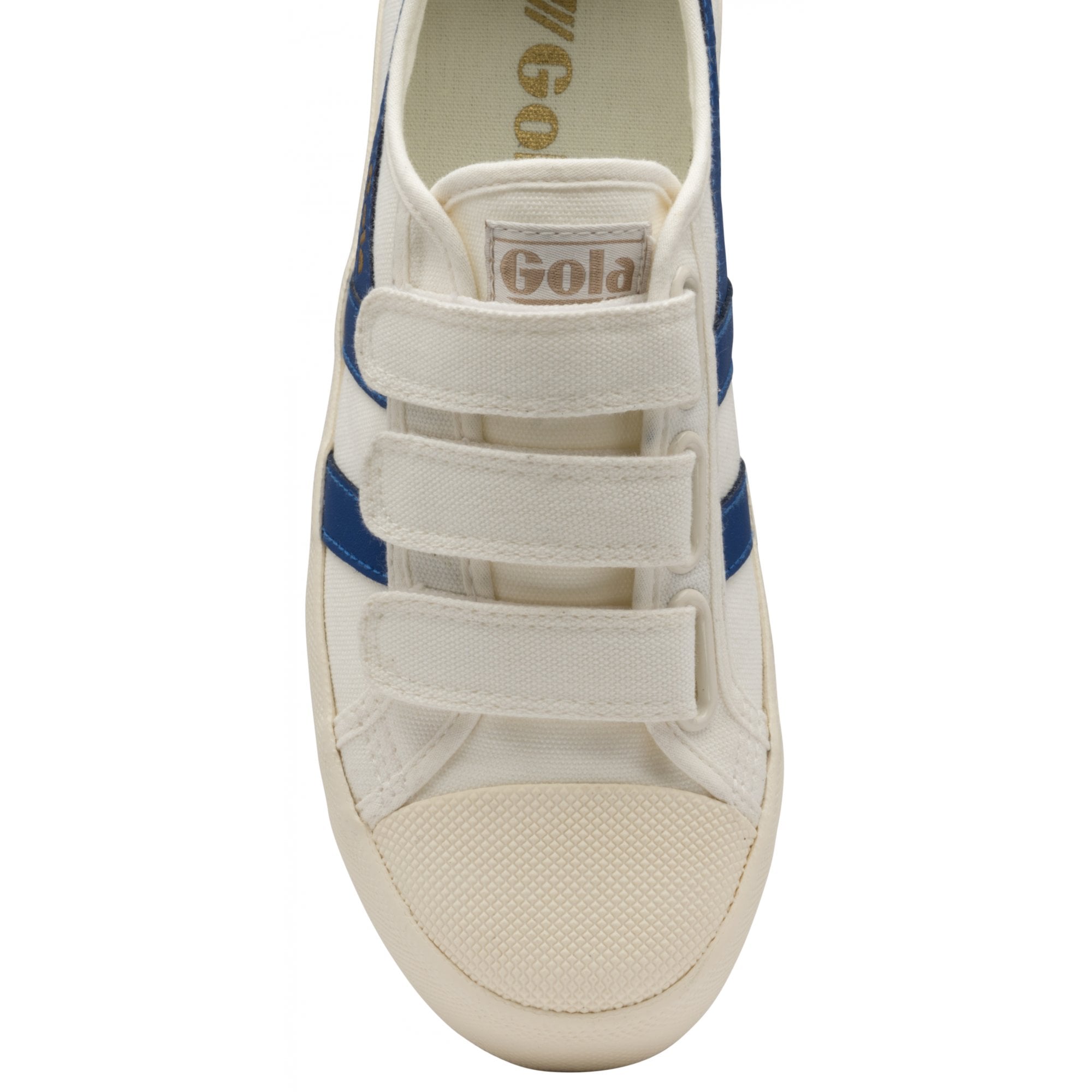 The top-down view of a white Gola sneaker with three Velcro straps and blue stripes.