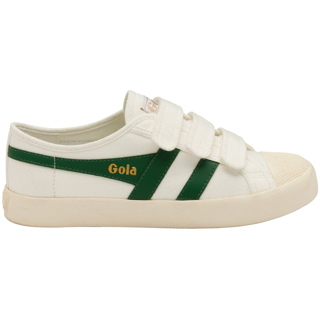 A single white Gola sneaker with green stripes and three white hook-and-loop straps.