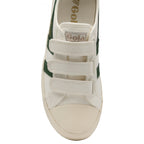 Top-down view of a white Gola sneaker with green stripes and three white hook-and-loop straps.