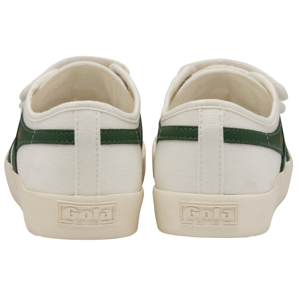The back view of a pair of white Gola sneakers with green stripes and Gola branding.