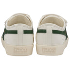 The back view of a pair of white Gola sneakers with green stripes and Gola branding.