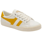 A white Gola women's shoe with yellow stripes on the side, angled slightly.