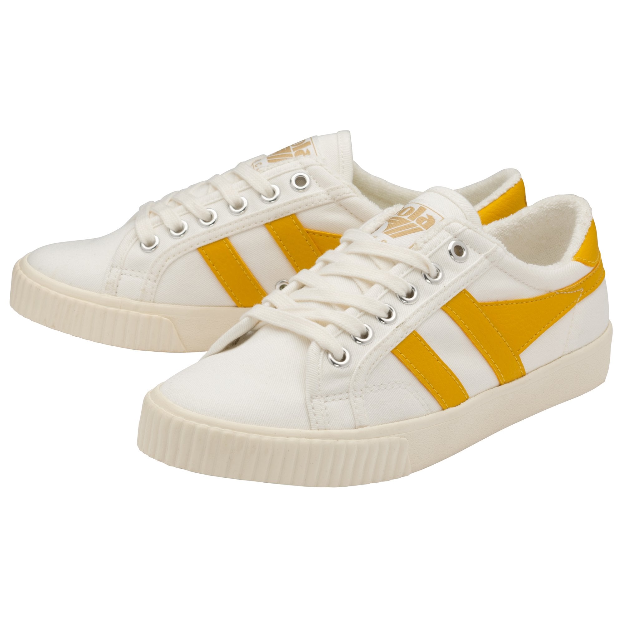 A pair of white Gola women's shoes with yellow stripes, angled slightly.