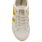 The top-down view of a white Gola women's shoe with yellow stripes and laces.
