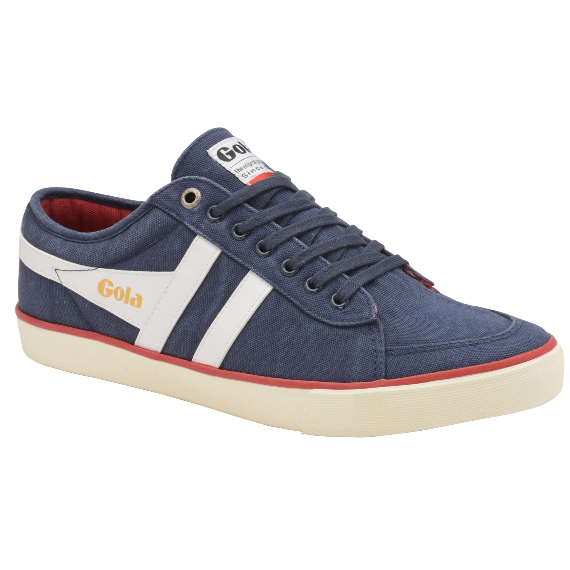 Blue Gola low-top sneakers with white stripes and red trim.