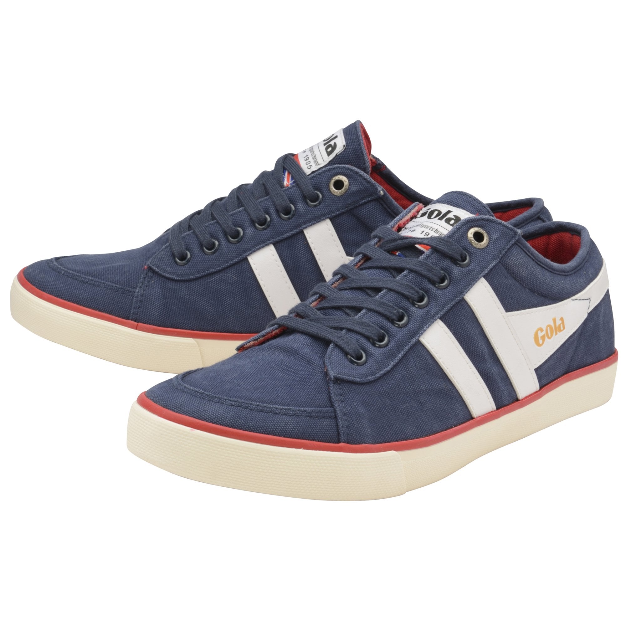 Pair of blue Gola low-top sneakers with white stripes and red trim.