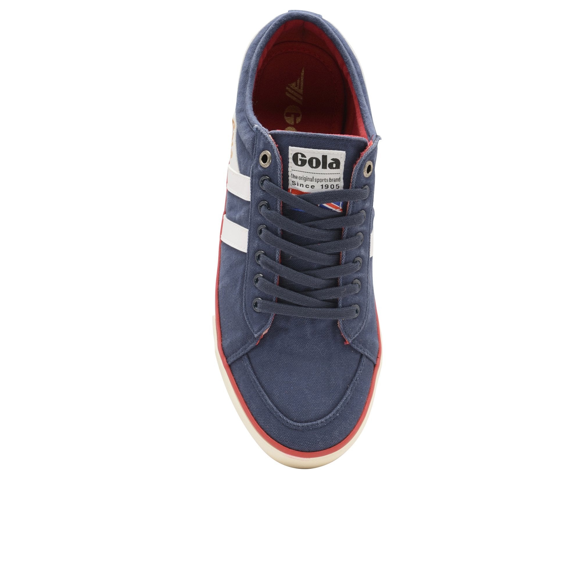 Top-down view of a blue Gola low-top sneaker with white stripes and red trim.