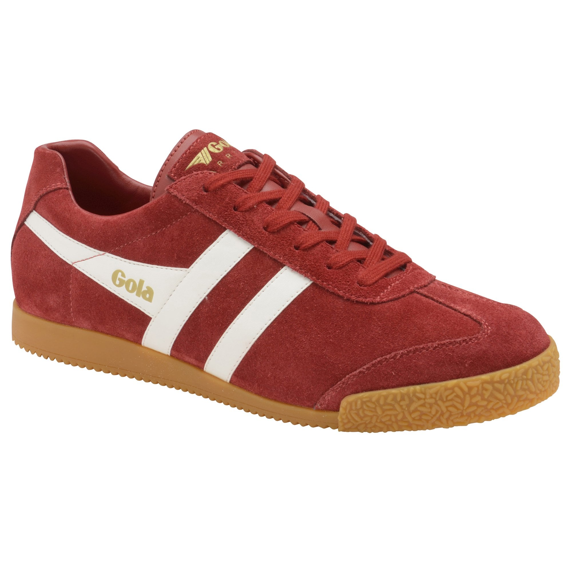 A single red Gola sneaker with white stripes and a gum sole, viewed from the side.