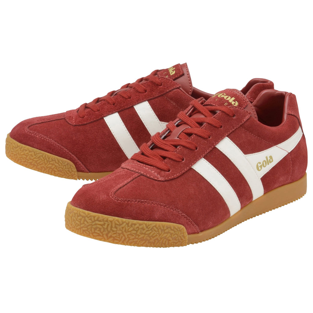 A pair of red Gola sneakers with white stripes and gum soles, viewed at an angle.