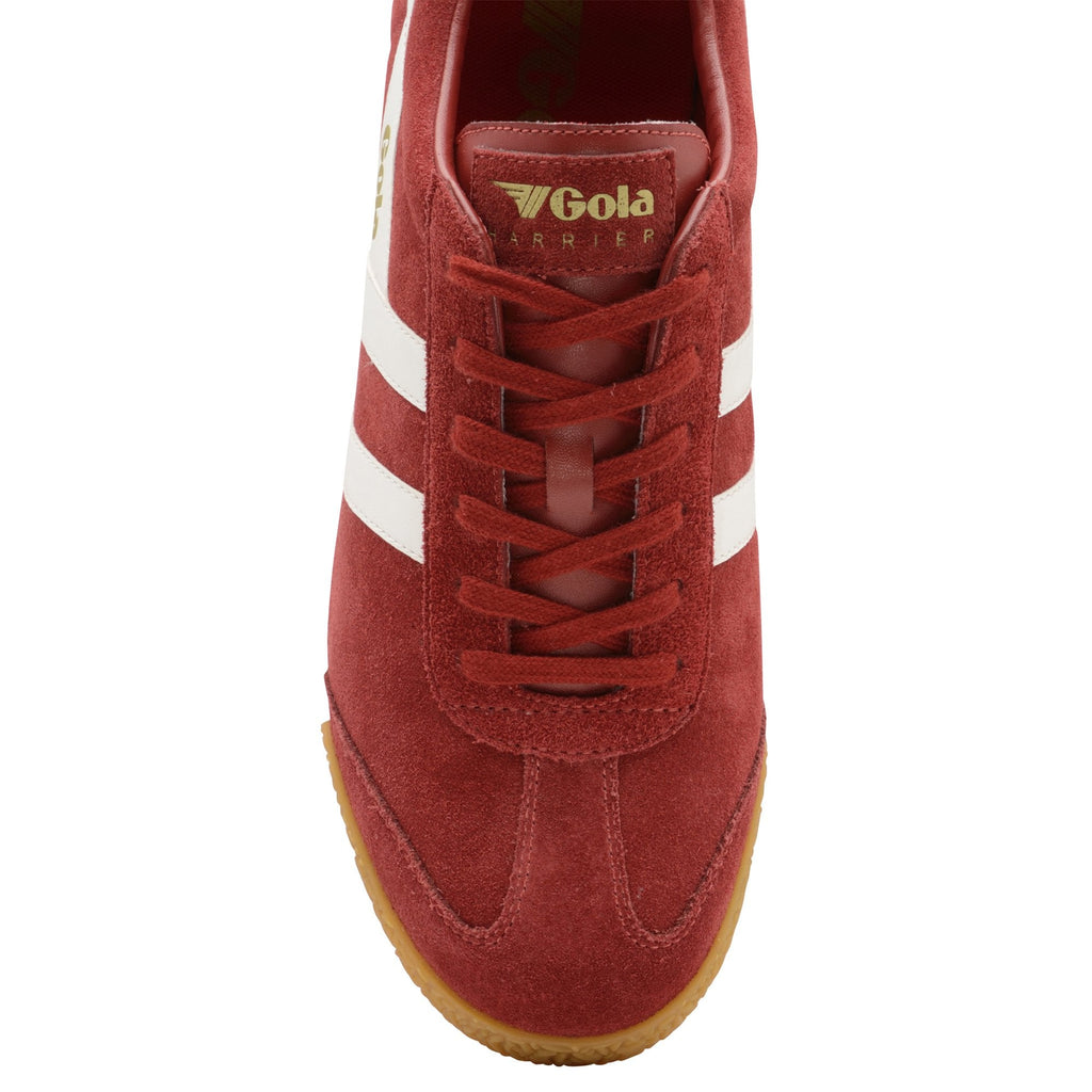 The top-down view of a single red Gola sneaker with white stripes and a gum sole.