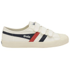 A white Gola sneaker with three velcro straps and red and blue stripes on the side.