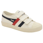 A white Gola sneaker with three white velcro straps and red and blue stripes.