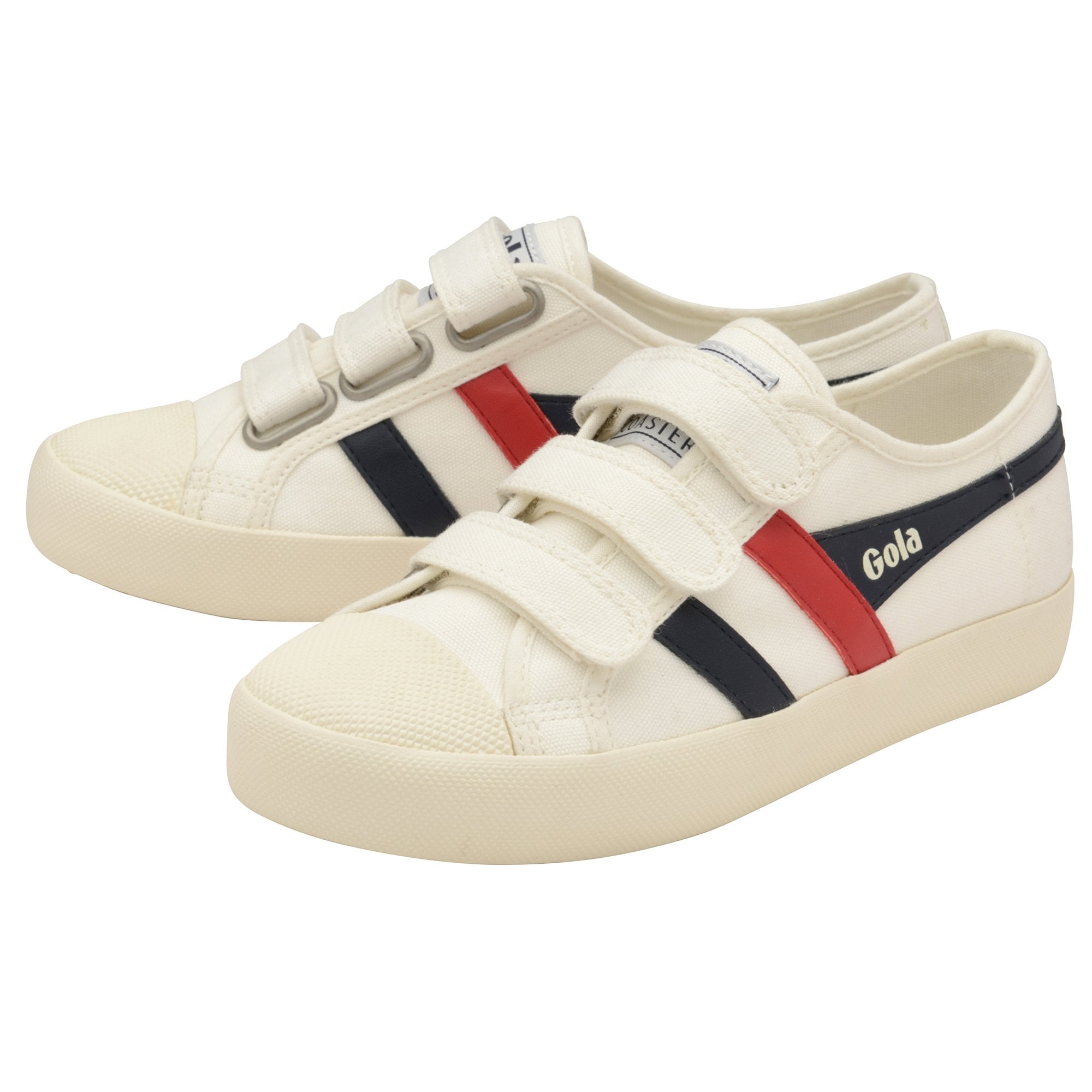 Two white Gola sneakers with three velcro straps and red and blue stripes.