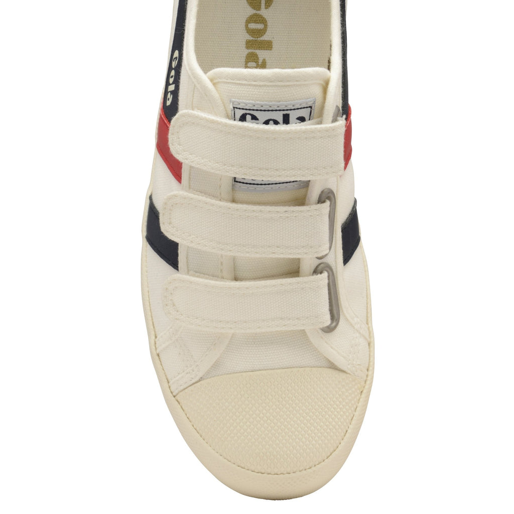 A close-up view of the toe box of a white Gola sneaker with three velcro straps.