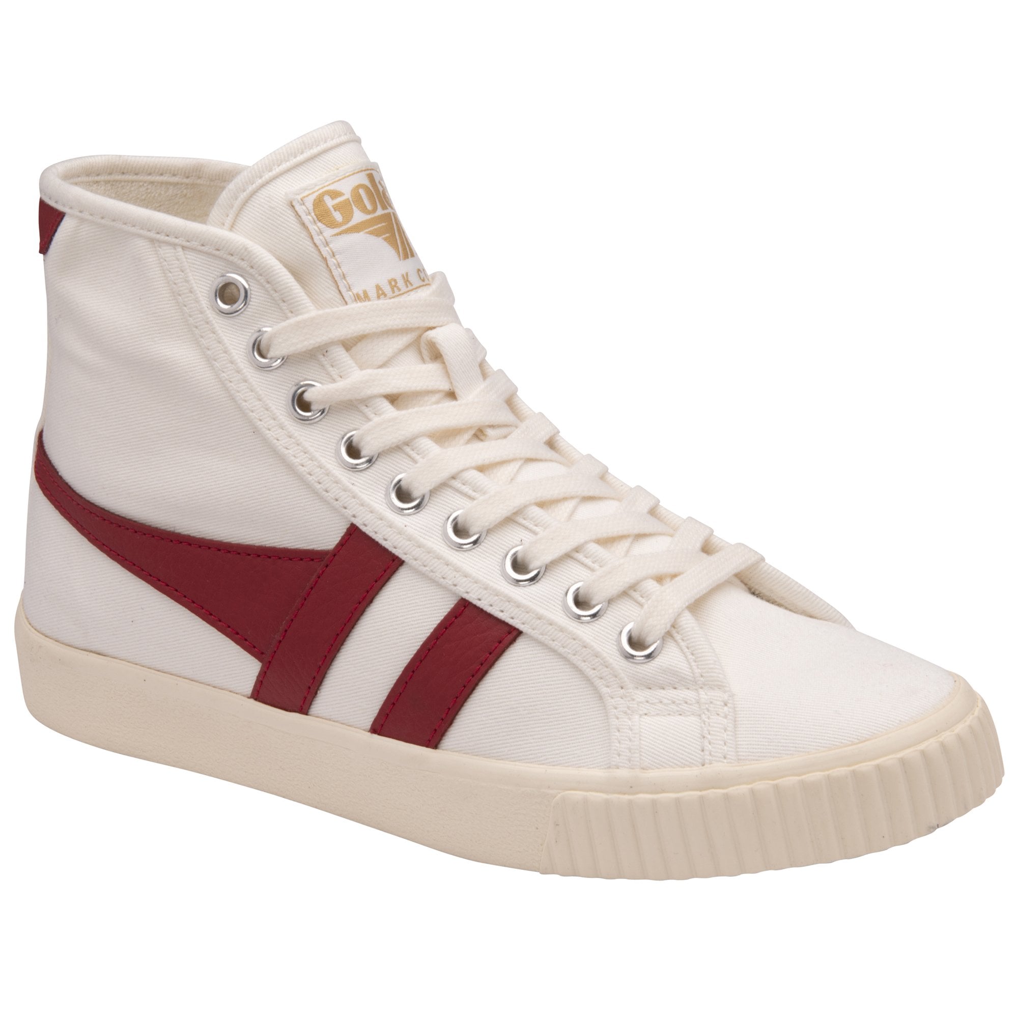 A white Gola Classics women's high-top sneaker with red side stripes.