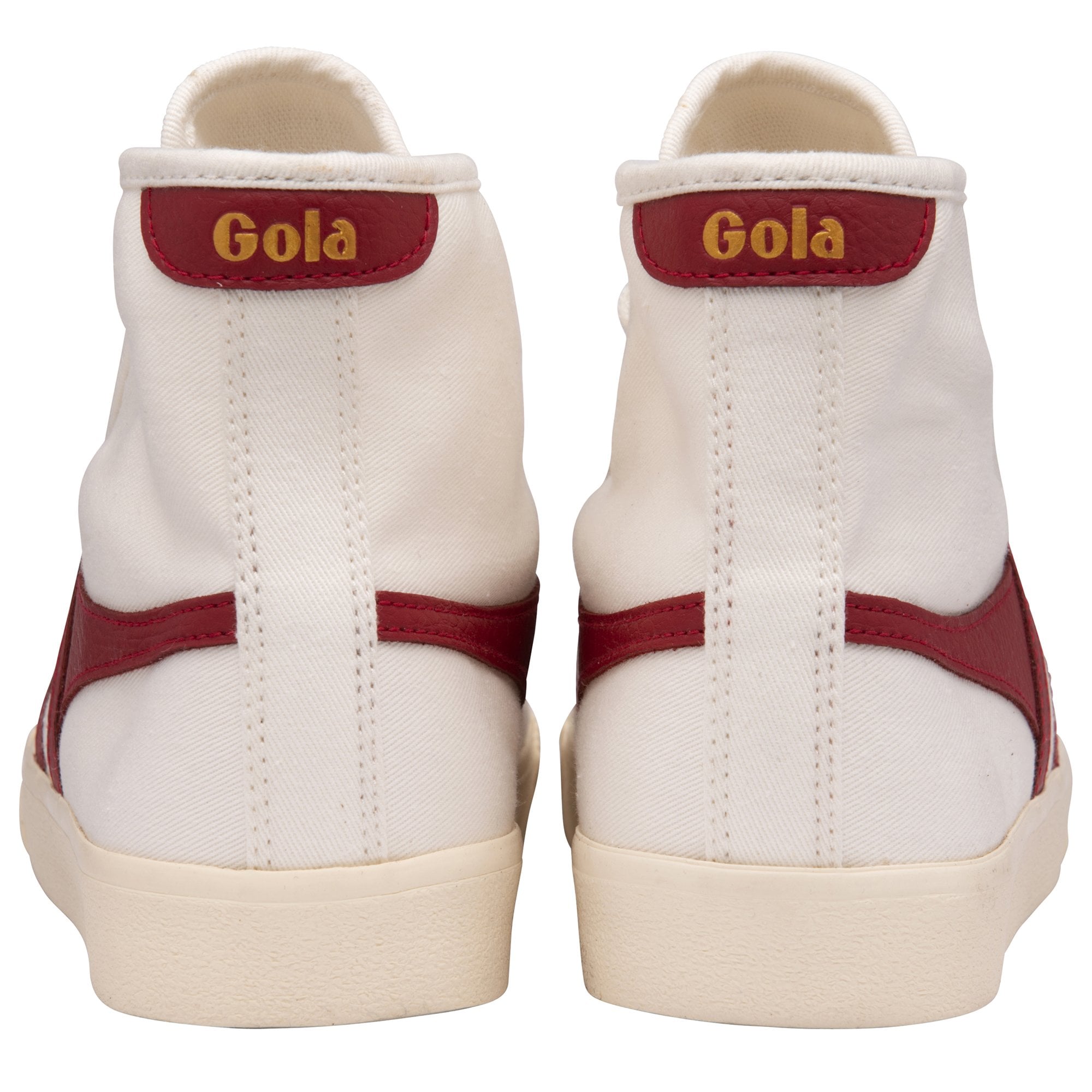 The back of a pair of white Gola Classics women's high-top sneakers with red details.