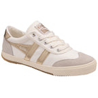 A single white Gola sneaker with gold stripes and a tan sole, angled slightly.