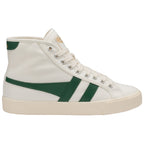 A white Gola high-top sneaker with a dark green stripe, angled to show the outer side.