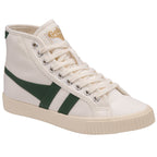 A white Gola high-top sneaker with a dark green stripe, angled to show the inner side.