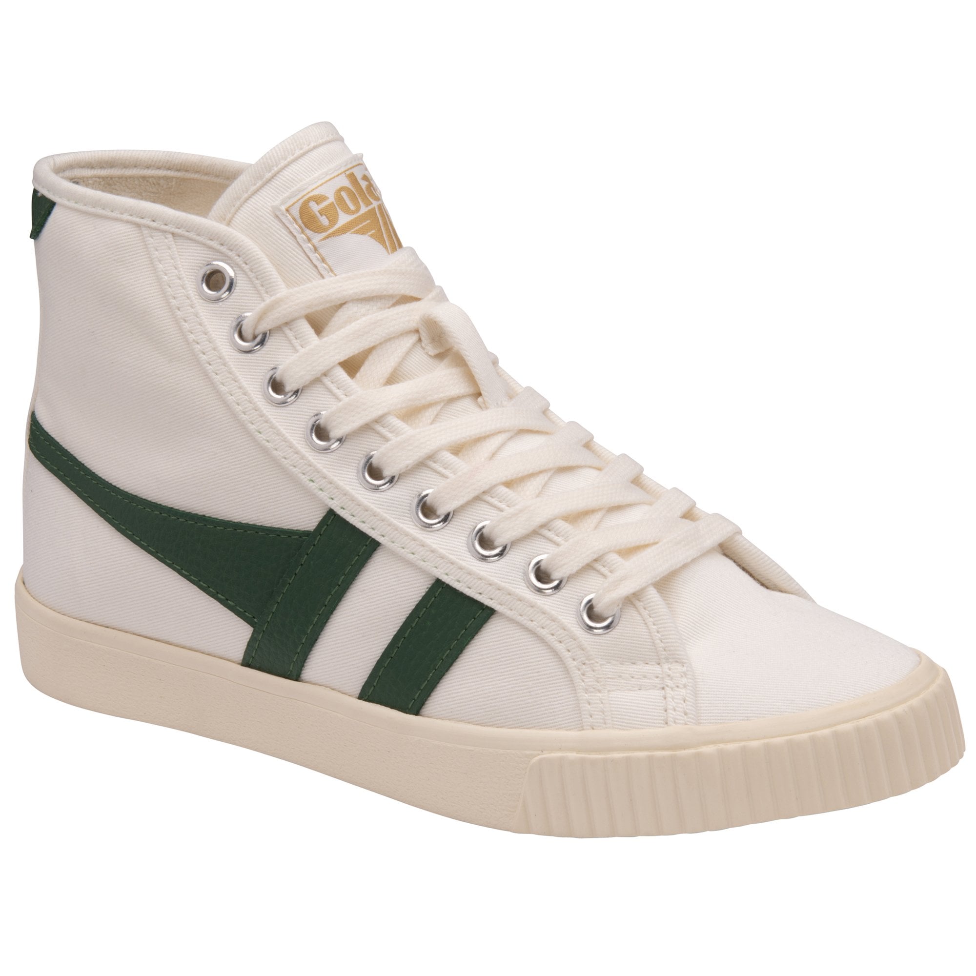 A white Gola high-top sneaker with a dark green stripe, angled to show the inner side.