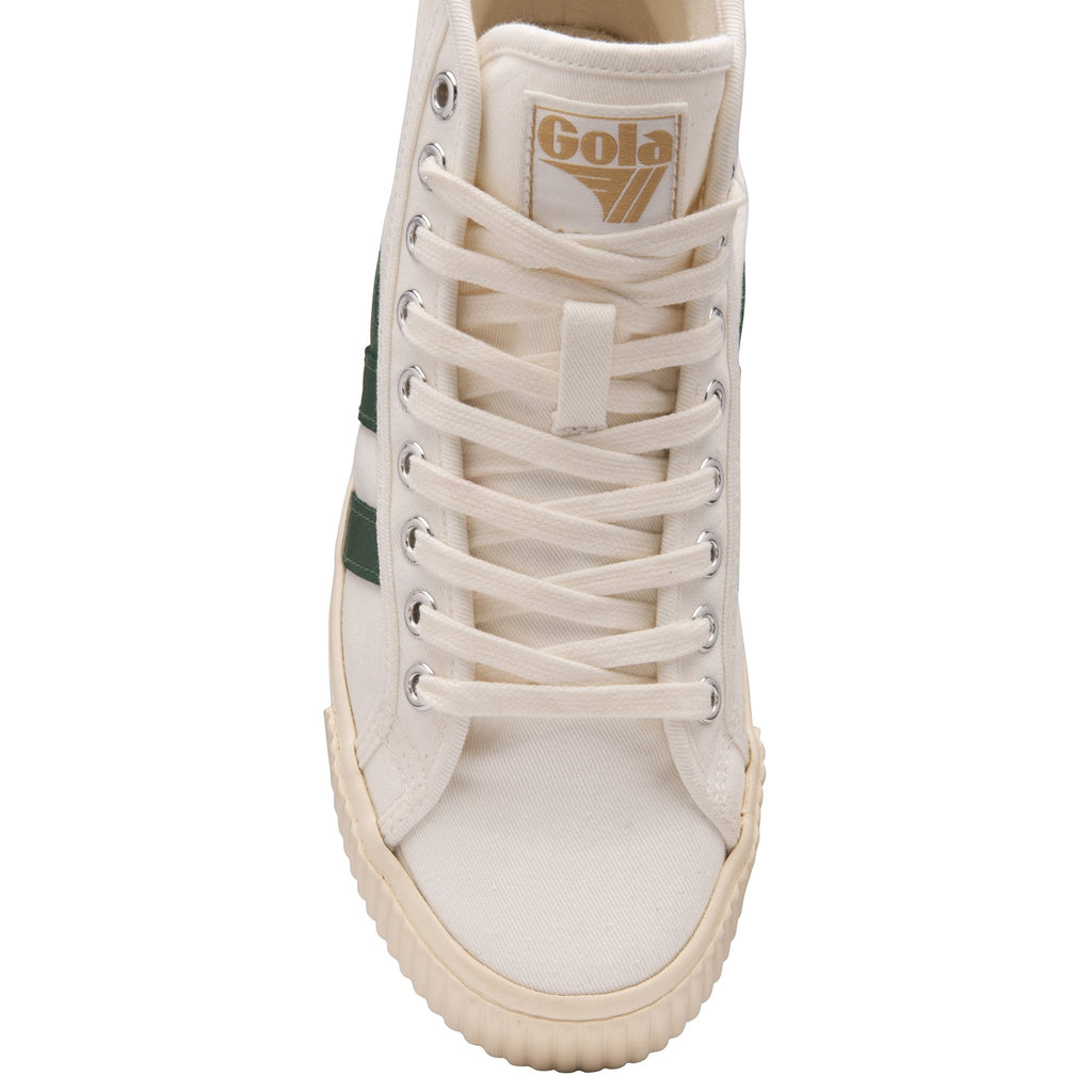 The top-down view of a white Gola high-top sneaker with dark green accents.