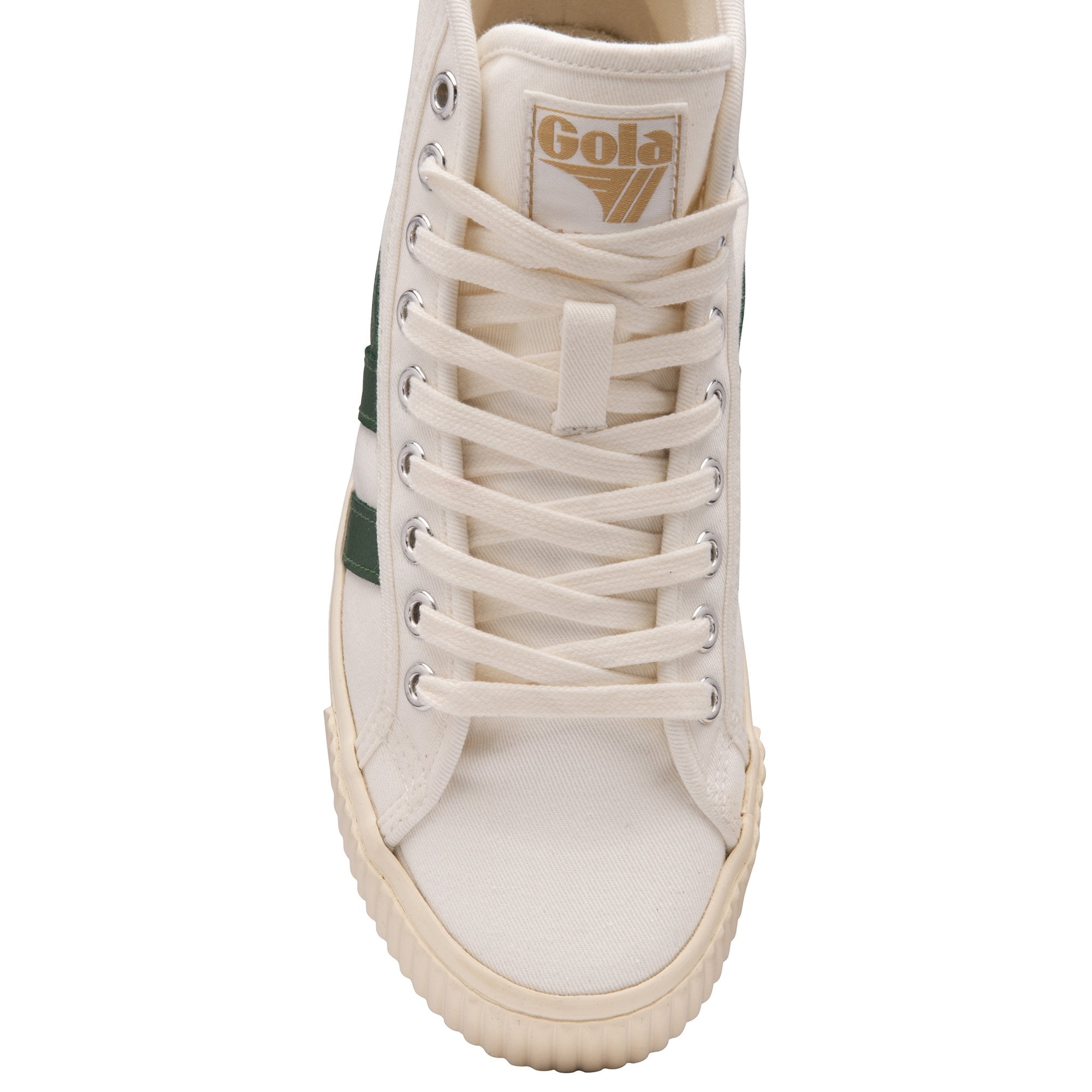 The top-down view of a white Gola high-top sneaker with dark green accents.