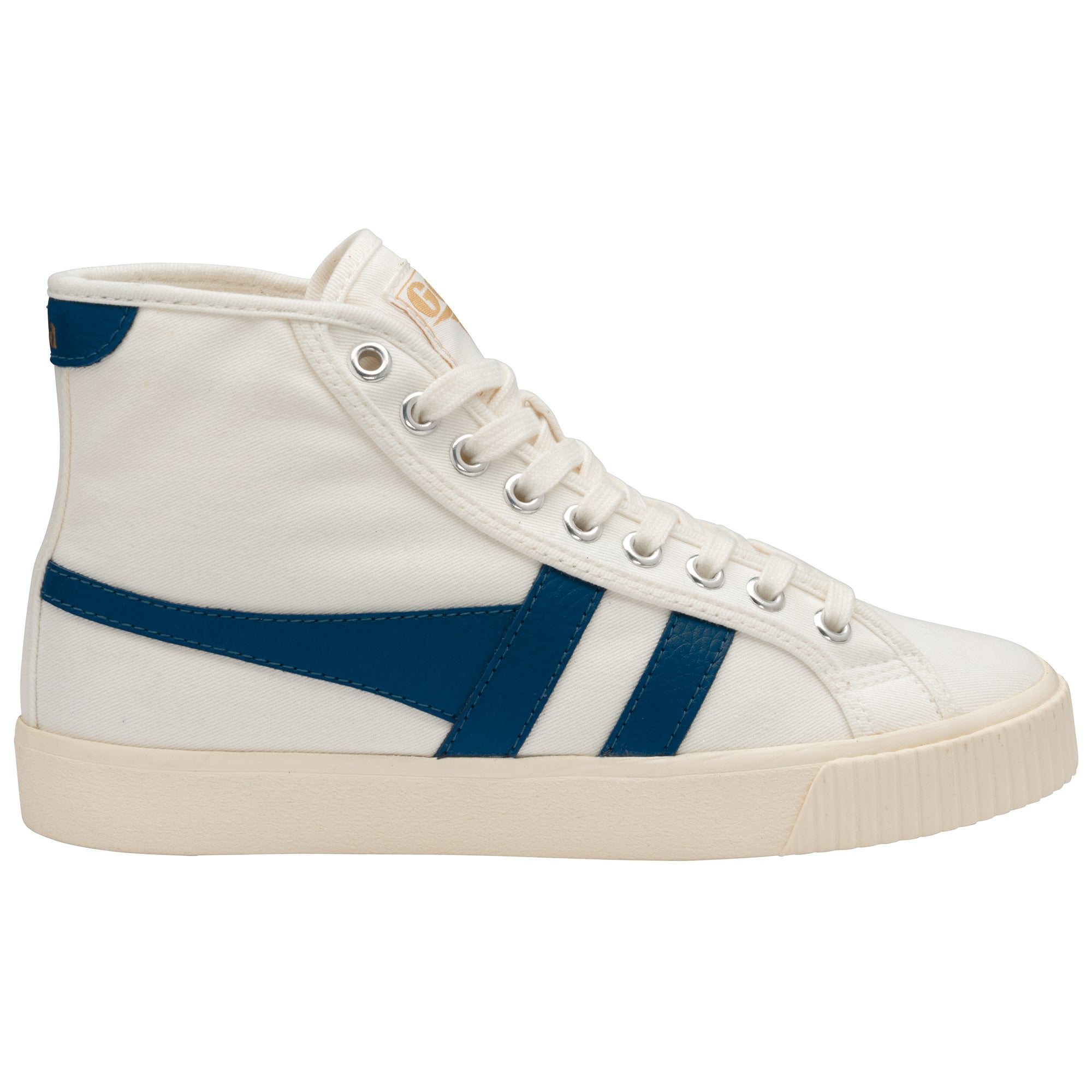 A white high-top sneaker with two blue stripes on the side, viewed from the left.