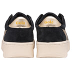 The back view of a pair of black suede Gola Orchid Platform sneakers with gold heels.