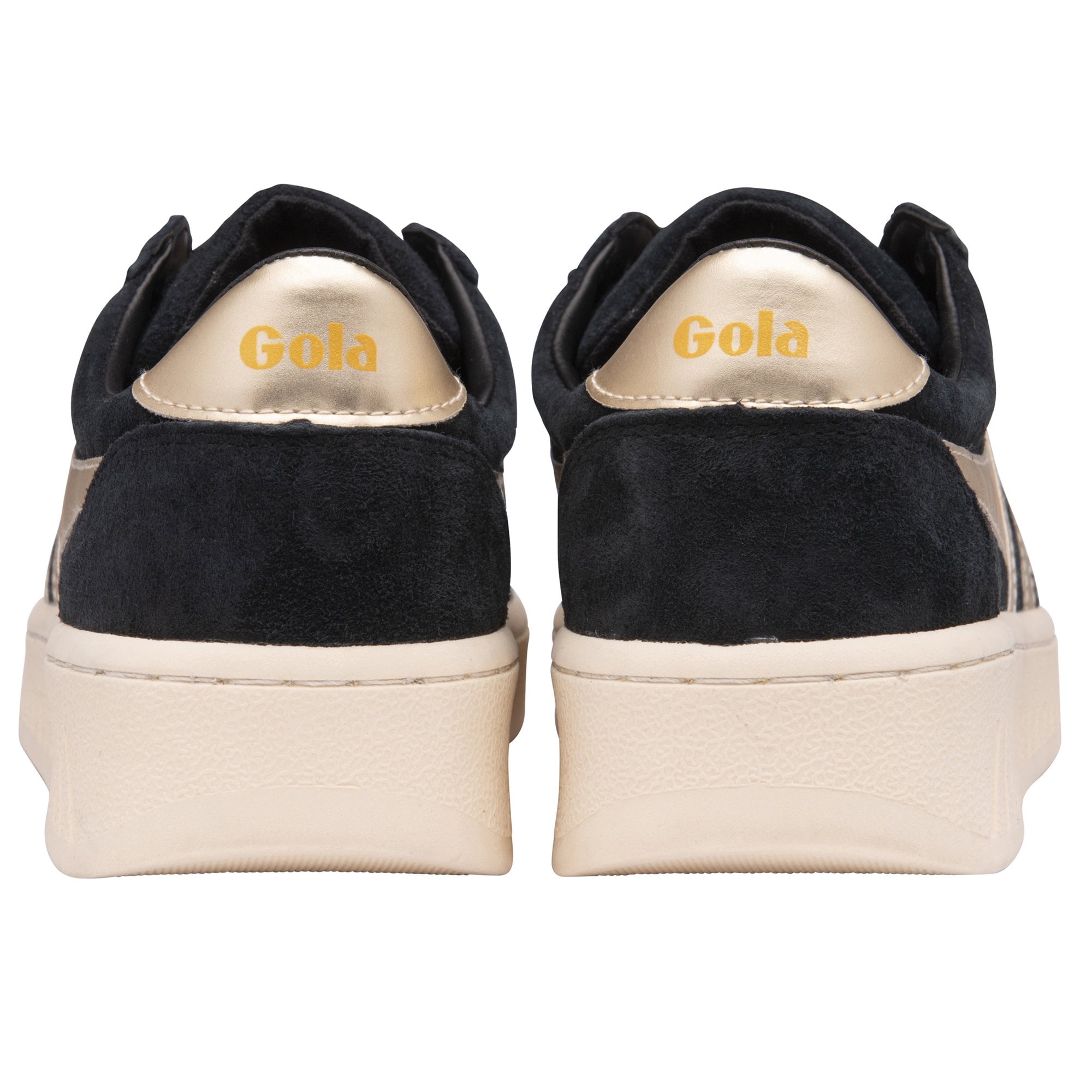 The back view of a pair of black suede Gola Orchid Platform sneakers with gold heels.