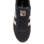 The top-down view of a black suede Gola Orchid Platform sneaker with gold stripes and laces.