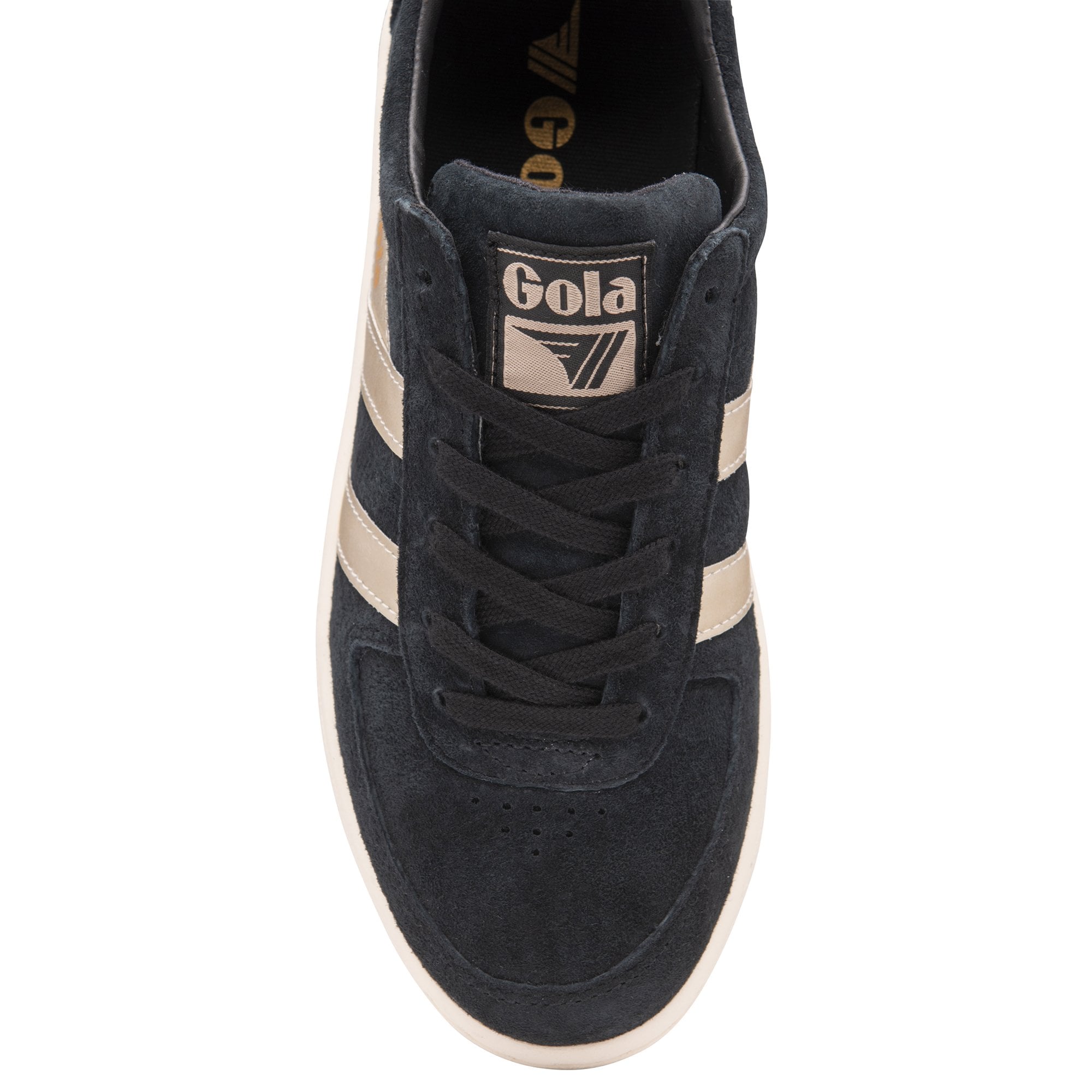 The top-down view of a black suede Gola Orchid Platform sneaker with gold stripes and laces.