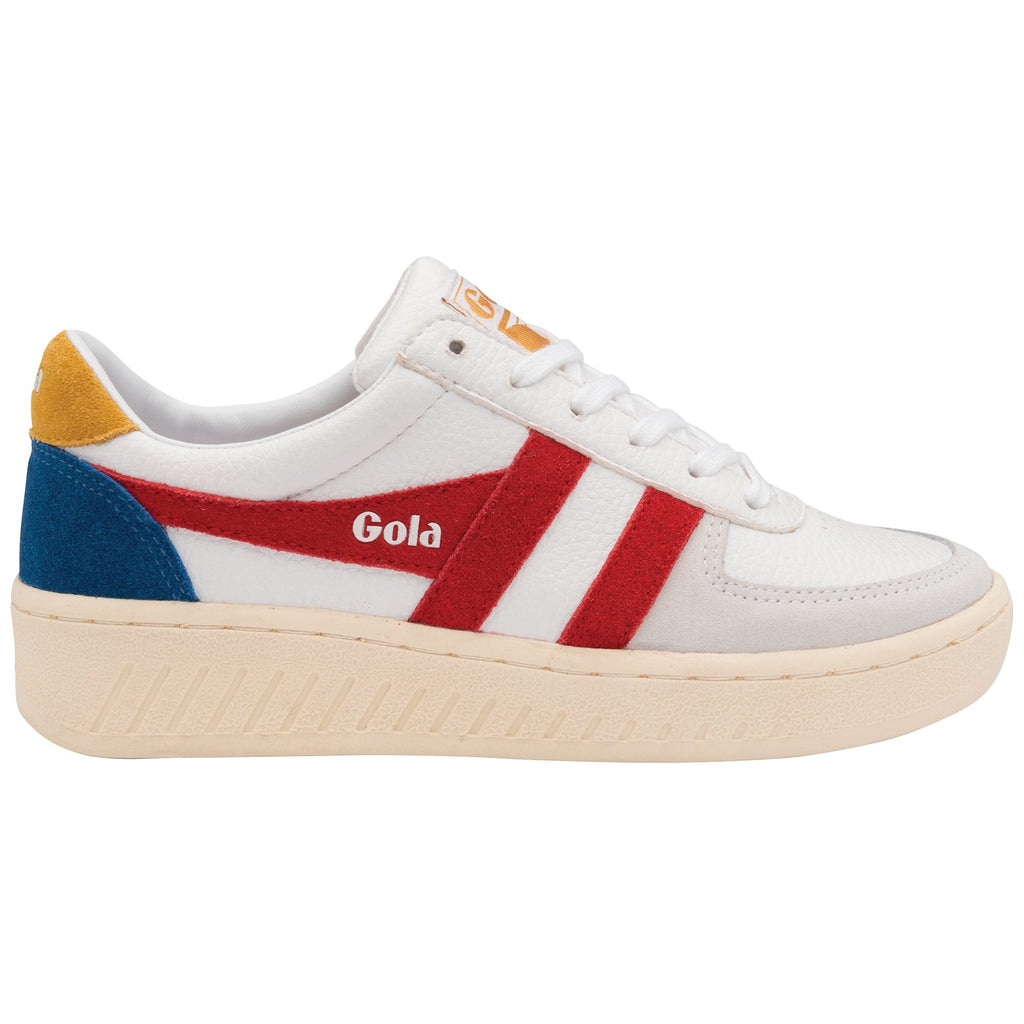 A single white trainer with red Gola stripes, blue and yellow accents, shown from the side.