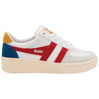 A single white trainer with red Gola stripes, blue and yellow accents, shown from the side.