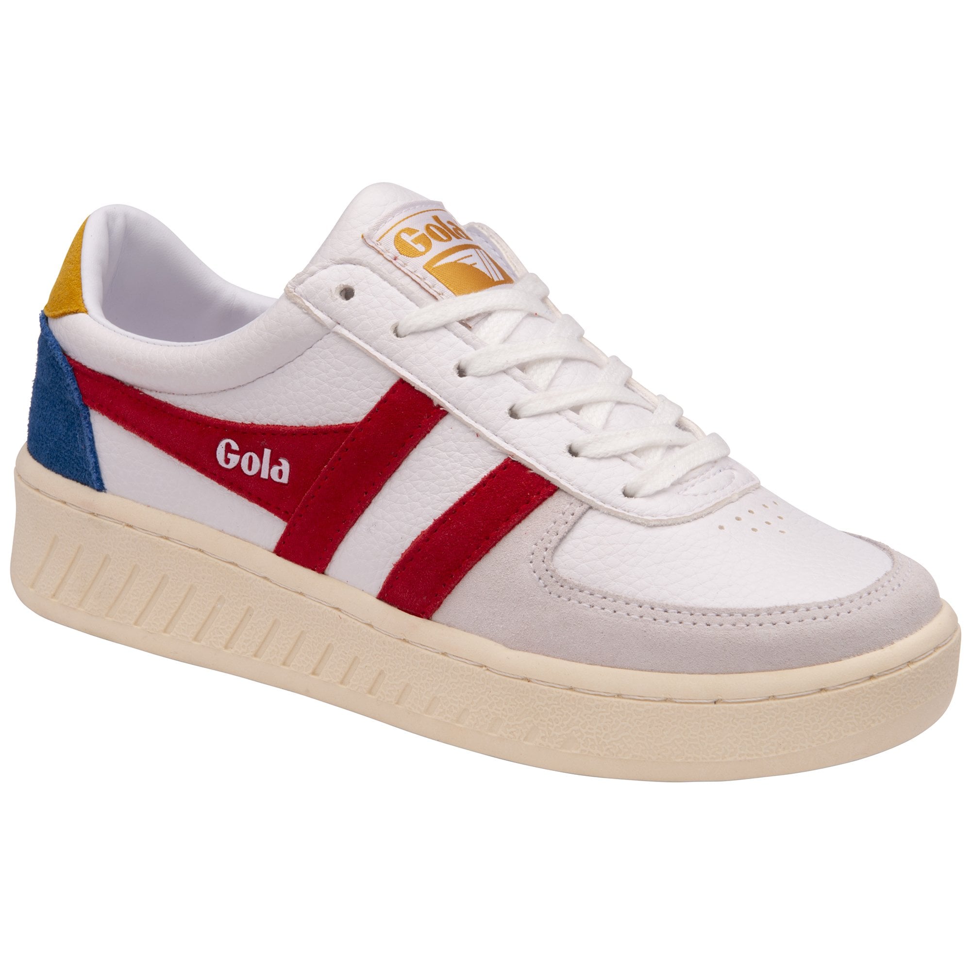 A single white trainer with red Gola stripes, blue and yellow accents, shown from an angle.