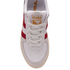 The front of a single white trainer with red stripes and a Gola logo on the tongue.