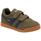 A Gola kids' Harrier Velcro sneaker in olive green with blue stripes and gum sole.