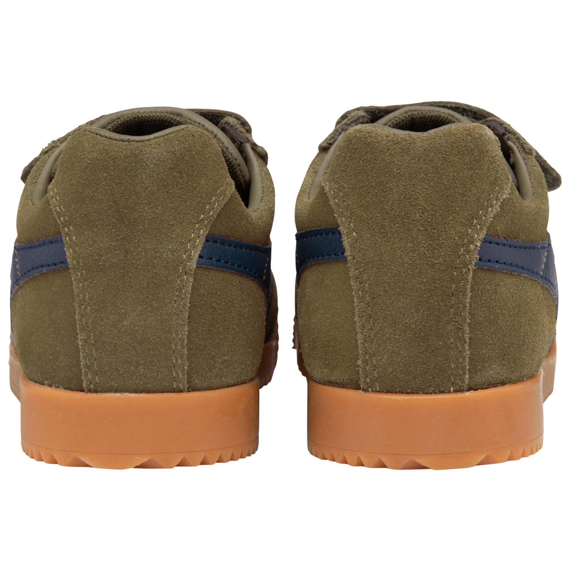 Rear view of a pair of Gola kids' Harrier Velcro sneakers, olive green with blue stripes.