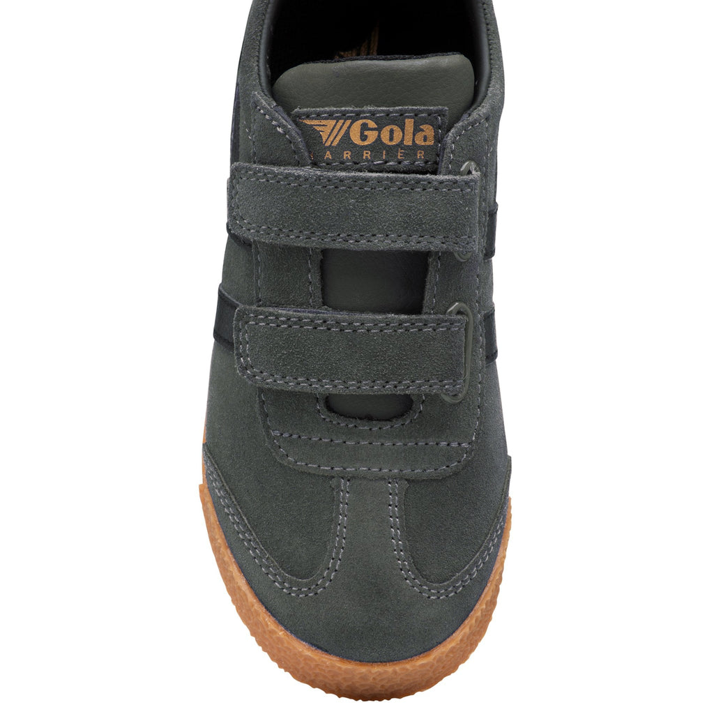 A top view of a gray Gola sneaker with black stripes and a tan sole.