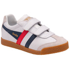 A white Gola Harrier shoe for children with red and blue stripes and velcro straps.
