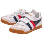 Two white Gola Harrier shoes for children with red and blue stripes and velcro straps.