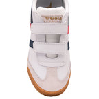 Front view of a white Gola Harrier shoe for children with red and blue stripes and velcro straps.
