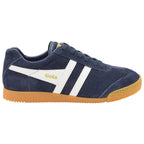 A single Gola men's Harrier sneaker in navy with white stripes and a tan sole.